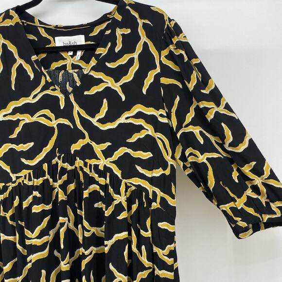 ba&sh Paris Size M Constance Dress Black Gold V-Neck Puff Sleeve Pockets Flowy - Picture 7 of 11